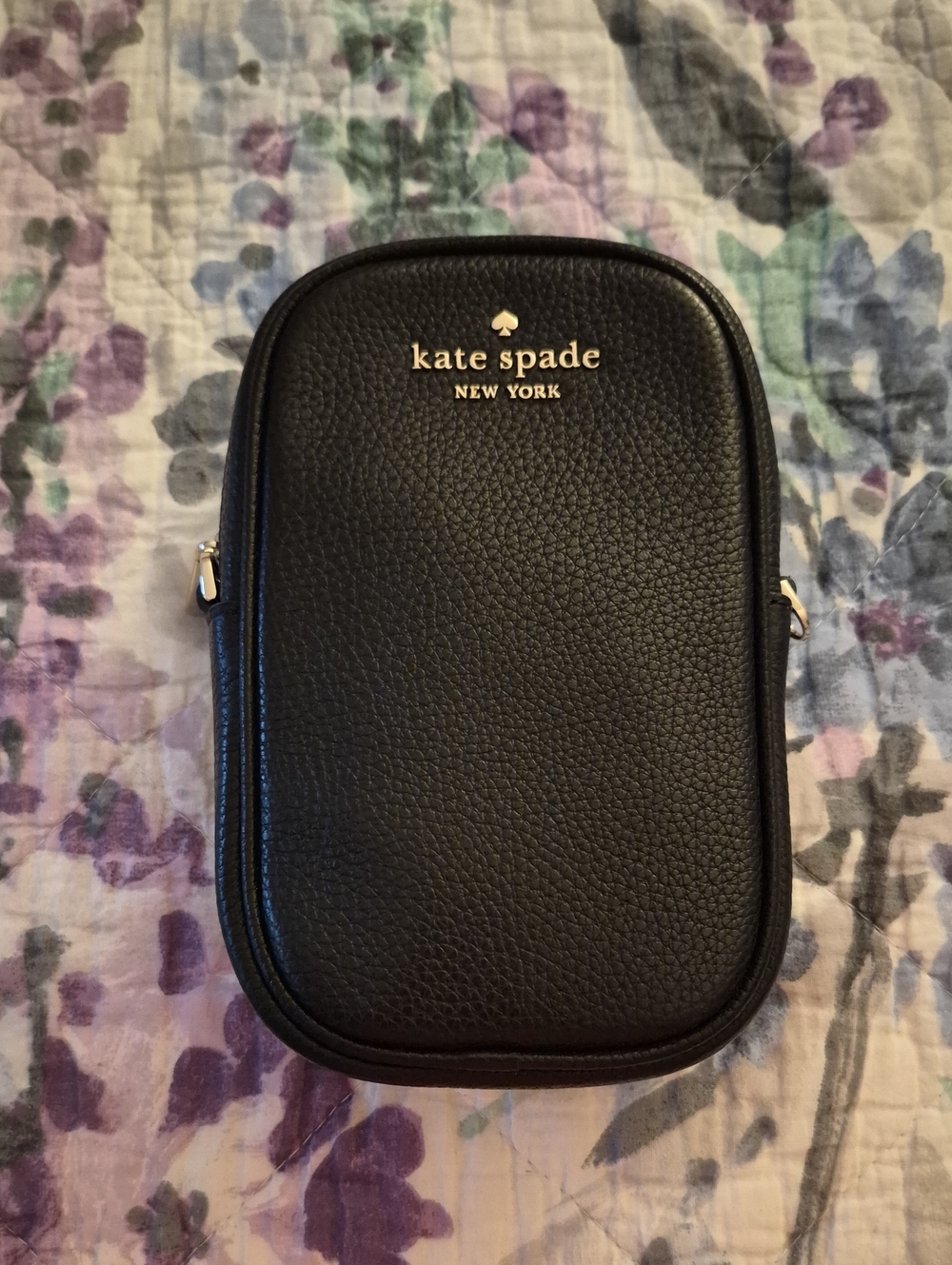 kate spade Black Pebbled Leather Mini Crossbody Case with Gold Logo